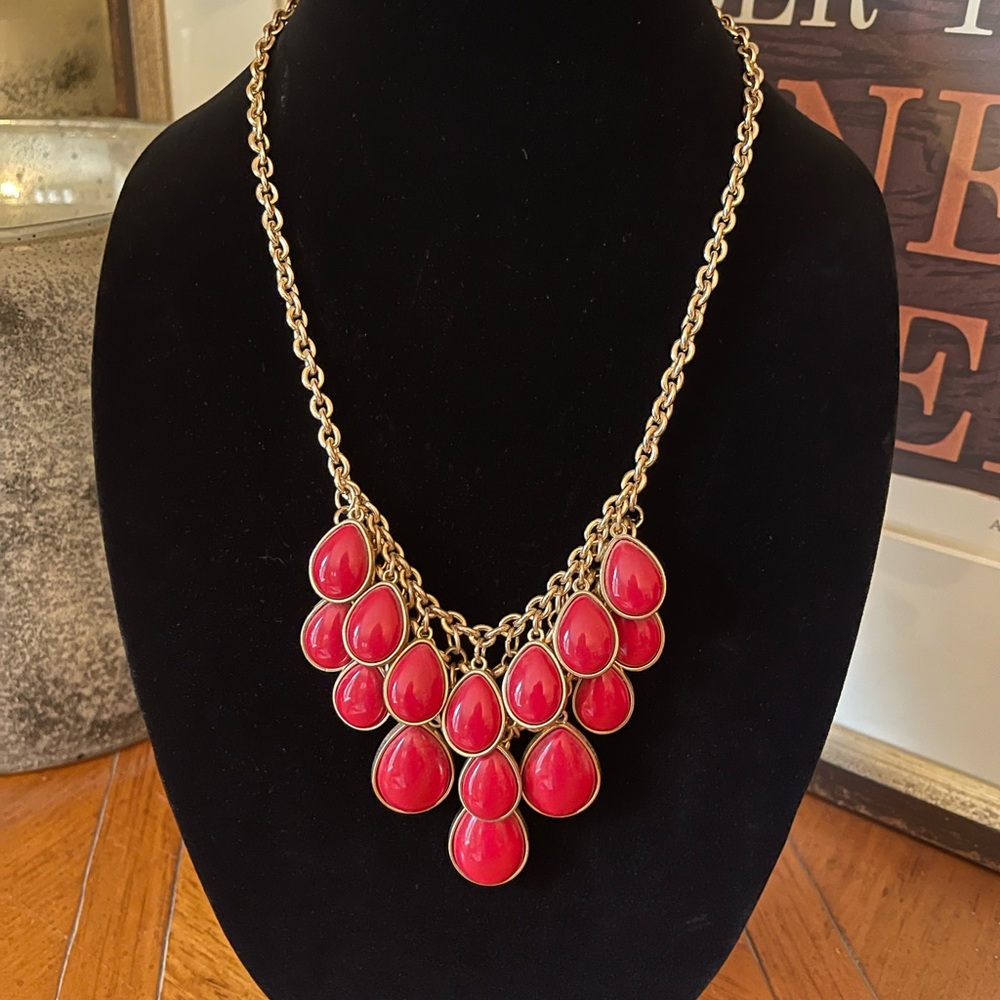 Statement Necklace Red Teardrops by CHARMING CHARLIE Goldtone Maximalism Retro